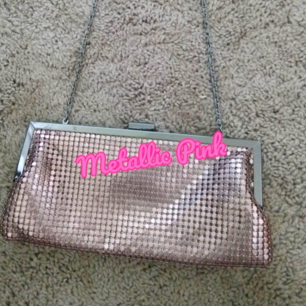 Bijou Brigitte Metallic Clutch.         Barbie Pink